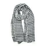White Classic Houndstooth Print Scarf with Frayed Edges - Soft and Lightweight, Versatile Style, Easy to Care