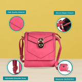 Lock Detail Boxy Cross Body Bag - Stylish and Secure Accessory with Adjustable Strap and Interior Zip Pocket in Fushia, Orange, and Pink PU Leather