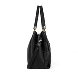 Large Three-Compartments Beige/Black PU Handbag with Personality Grab and Zipper Closure
