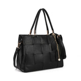 Large Three-Compartments Beige/Black PU Handbag with Personality Grab and Zipper Closure