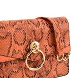 Snakeskin Bag With Hardware Ring Decoration - Adjustable Shoulder Strap, Zip and Press-Stud Closure, Fully Lined, Available in Yellow, Blue, Grey, and Orange