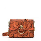 Snakeskin Bag With Hardware Ring Decoration - Adjustable Shoulder Strap, Zip and Press-Stud Closure, Fully Lined, Available in Yellow, Blue, Grey, and Orange