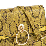 Snakeskin Bag With Hardware Ring Decoration - Adjustable Shoulder Strap, Zip and Press-Stud Closure, Fully Lined, Available in Yellow, Blue, Grey, and Orange