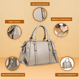 Handbag with Adjustable Strap, Multiple Compartments, Zipper Closure, Personality Grab and Detachable Shoulder Strap - Available in Black, Brown, and Grey